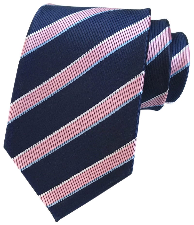 Elfeves Men's Pink and Navy BLUE Ties Striped Patterned Graduation Student Silk Neckties - Image 1